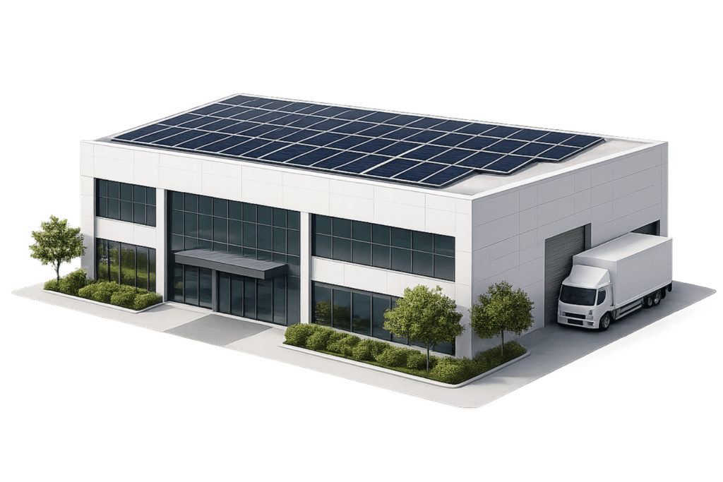 Projetos Empresariais - Ícone 3D de instalação de energia solar em uma empresa