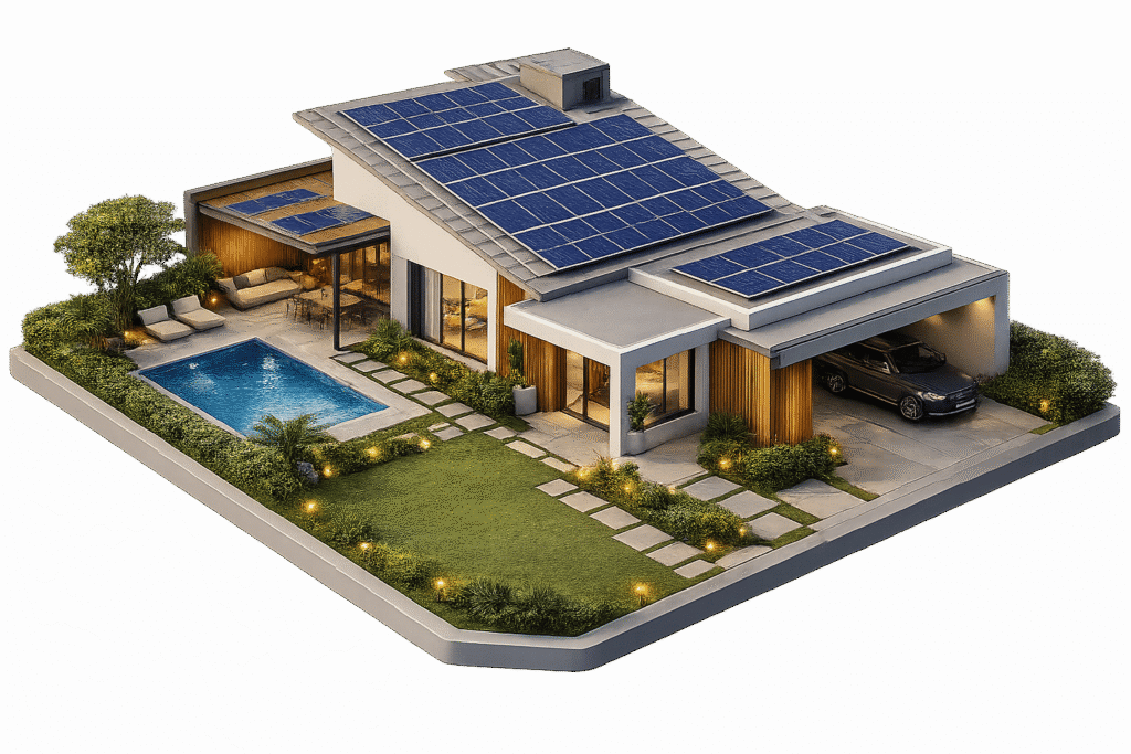 Projetos Residenciais - Ícone 3D de instalação de energia solar em uma casa